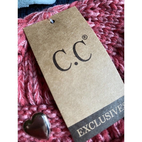 New Adult Size CC Winter Heathered Red Cable Knit Cozy Hat Cap Beanie w/ Hearts - Picture 4 of 4